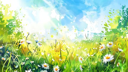 Sticker - A watercolor painting of a field of daisies with a blue sky and a few trees.