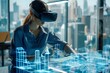 © Piyaphorn - Female professional in a virtual meeting with VR glasses, viewing an augmented reality city blueprint while discussing a megapolis project, contemporary office background.