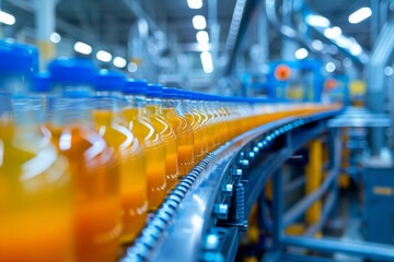 Wall Mural - Juice bottles being processed on a conveyor belt in a beverage factory, surrounded by blue-colored industrial equipment and clean production lines.