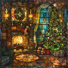 ステンドグラス　夜の街並みとサンタのおっとと…。 ステンドグラスのサンタさん 無料画像 - Public Domain Pictures