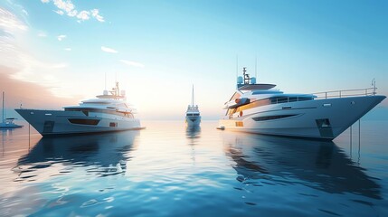 Wall Mural - A row of three luxurious yachts anchored in calm waters at sunset.