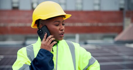 Aufkleber - Building, phone call and solar energy with construction worker woman outdoor on roof for planning. Architecture, city and infrastructure with African engineer outdoor in urban town for development