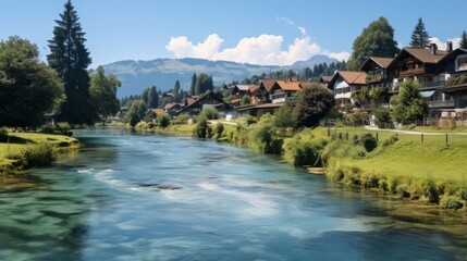 Poster - Tranquil rural landscape with houses by a flowing river under a bright blue sky.