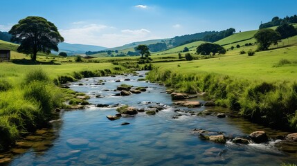 Sticker - Tranquil rural landscape with houses by a flowing river under a bright blue sky.