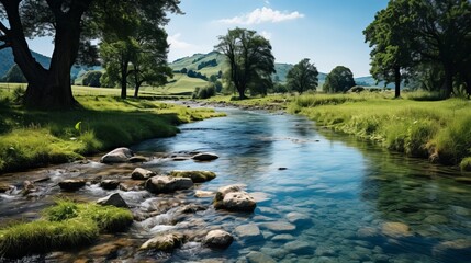 Wall Mural - Tranquil rural landscape with houses by a flowing river under a bright blue sky.