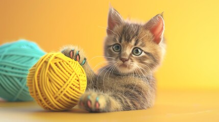 Canvas Print - A cute kitten with green eyes and colorful nail polish plays with a yellow ball of yarn.