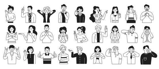 Characters with different gestures doodle line cartoon illustration set. Nonverbal communication signs linear vector people collection