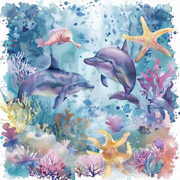 watercolor painting of an assortment of playful sea creatures including dolphins, starfish, and seahorses swimming through coral reefs, perfect pastel tone, whimsical style