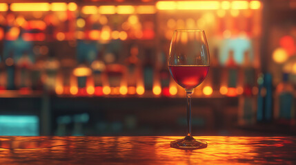 A wine glass is sitting on a bar counter