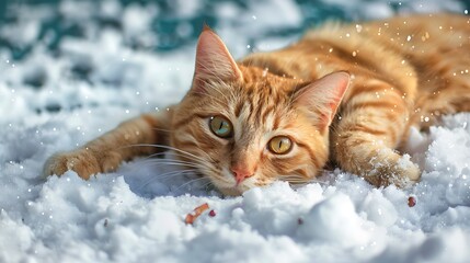 Sticker - A cute ginger cat lying on snow isolated on colorful background