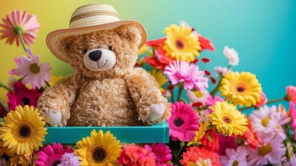 Wall Mural - a flower box full of flowers teddy bear with sun hat isolated on colorful background