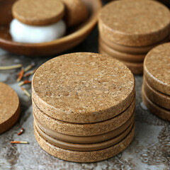 Wall Mural - a close up of a stack of round cork coasters with a bowl of marshmallows in the background