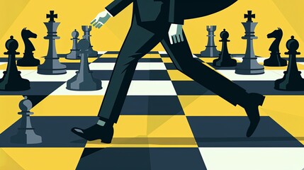 Strategic Businessman on Chessboard - Flat Style Illustration of Corporate Decision-Making