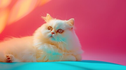 Wall Mural - a persian domestic white cat that lazily rests isolated on colorful background