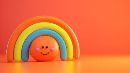 Sticker - A happy cartoon sun under a rainbow on an orange background.