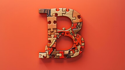 alphabet letter B built of wooden puzzles isolated on red and orange background