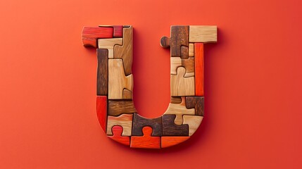 alphabet letter U built of wooden puzzles isolated on red and orange background