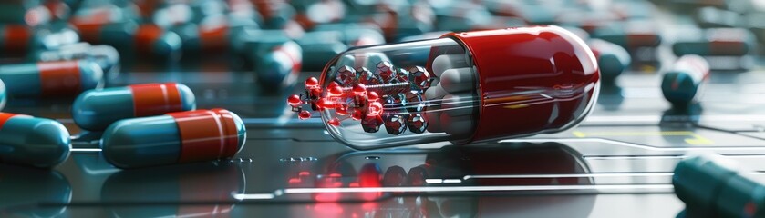 Conceptual 3D render of a pill transforming into tiny robots, Medication, Nanotechnology in medicine