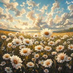 Canvas Print - Field of Daisies Under a Cloudy Sky