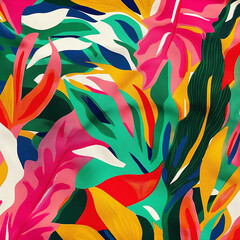 brightly colored tropical print fabric with a large variety of leaves