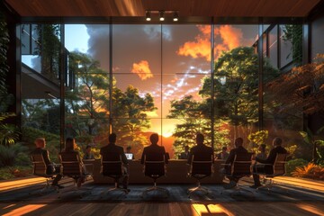 Wall Mural - Business Meeting with a View: Silhouettes of Individuals in a Conference Room with a Sunset Through a Large Window