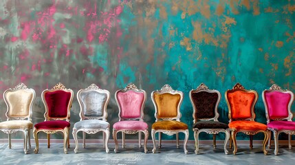 Wall Mural - Baroque chairs in a row isolated on colorful background