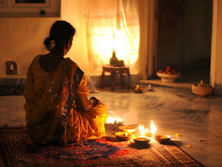 Wall Mural - A Hindu devotee in traditional attire performing puja ritual worship with incense and flowers.