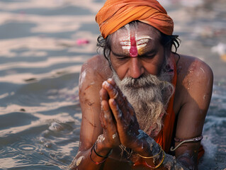 Wall Mural - A Hindu devotee, in traditional attire, offers prayers and performs rituals on riverbank at sunrise.