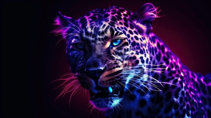 Leopard / Jaguar. Abstract, graphic, colorful in neon colors artistic portrait of a leopard on a dark purple background.