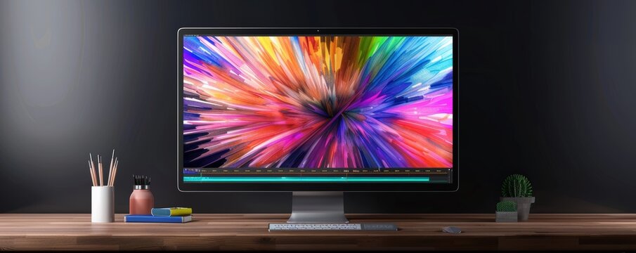 A vibrant and colorful computer monitor displaying abstract art, set on a modern wooden desk with stationery items.
