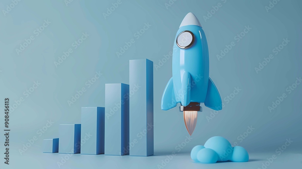 Business growth graph 3D bar chart on the left, little blue rocket ...
