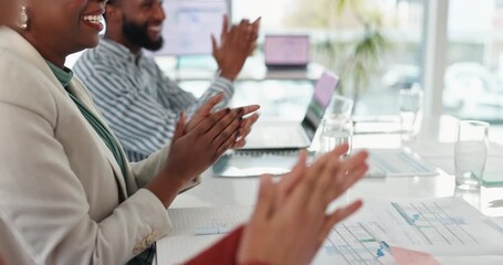Poster - Business people, hands and applause in meeting for celebration, team achievement and success in office. Employees, group and closeup clapping with positive feedback for promotion, victory and winning