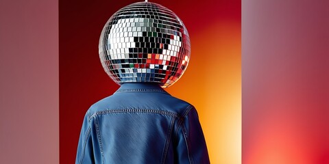 Wall Mural - Surreal and artistic image featuring a person with a disco ball for a head. The subject is wearing a blue denim jacket over a white shirt