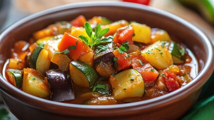 Canvas Print - A bowl of flavorful summer vegetable stew with zucchini, potatoes, peppers, onions, tomatoes, and eggplant, shown in close-up on a table