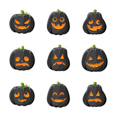 Wall Mural - Black Jack O Lantern with Different Shapes and Funny Facial Expressions Set. Creepy Spooky Fun Halloween Pumpkin Decor Illustration Collection.