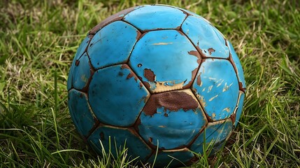 blue old leather soccer ball lying on the grass