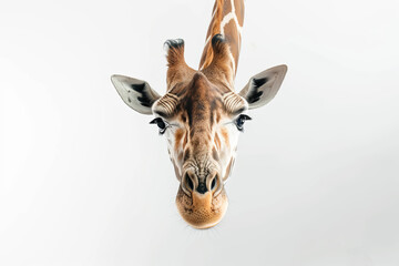 Funny upside-down portrait of a giraffe on a white background