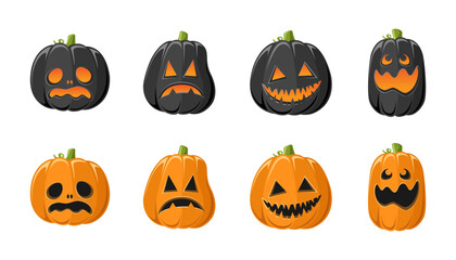 Wall Mural - Cute Jack O Lantern with Different Shapes and Funny Facial Expressions Set. Creepy Spooky Fun Halloween Pumpkin Decor Illustration Collection.