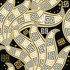 Wall Mural - Floral tribal ethnic greece ancient style seamless pattern with hand drawn abstract flowers, swirls, greek key meanders, circles on black background. Beautiful vector ornaments.  Endless texture.