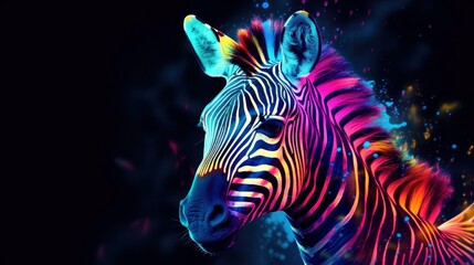 Zebra. Abstract, neon, multicolored portrait of zebra head on a dark blue background with bright splashes of paint.