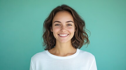 Canvas Print - Portrait of a smiling woman in white casual wear, set against a soothing aqua blue-green background, perfect for a positive and lively image