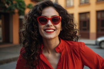 Wall Mural - Portrait of beautiful young black woman taking selfie.Portrait of a pretty young afro american woman in retro style clothes smiling while standing and taking a selfie isolated over beige