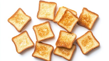 Top view of pieces of fresh toast bread isolated on a white background, showcasing their golden-brown texture and crispy edges