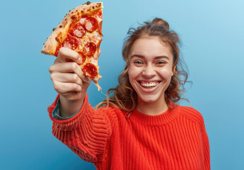 Poster - A woman in red is happy and excited, holding up one slice of pizza with her thumb up against the background