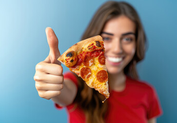 Poster - A woman in red is happy and excited, holding up one slice of pizza with her thumb up against the background