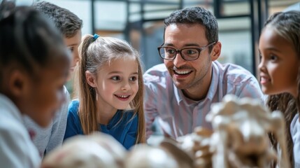 A group of young students on a field trip, exploring a historical museum with their teacher, who is enthusiastically explaining exhibits and answering questions, with the children taking notes and