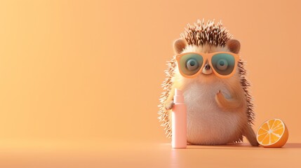 Canvas Print - A cute hedgehog wearing sunglasses is holding a bottle of sunscreen next to an orange slice.