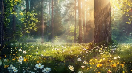 a nature background featuring a dense forest with tall trees, dappled sunlight, and a carpet of wild