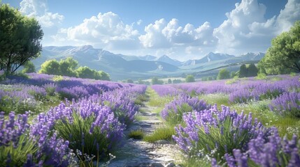 Canvas Print - A Serene Lavender Field with Mountain View