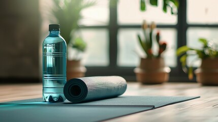 Canvas Print - A yoga mat and a water bottle in a sunny room.